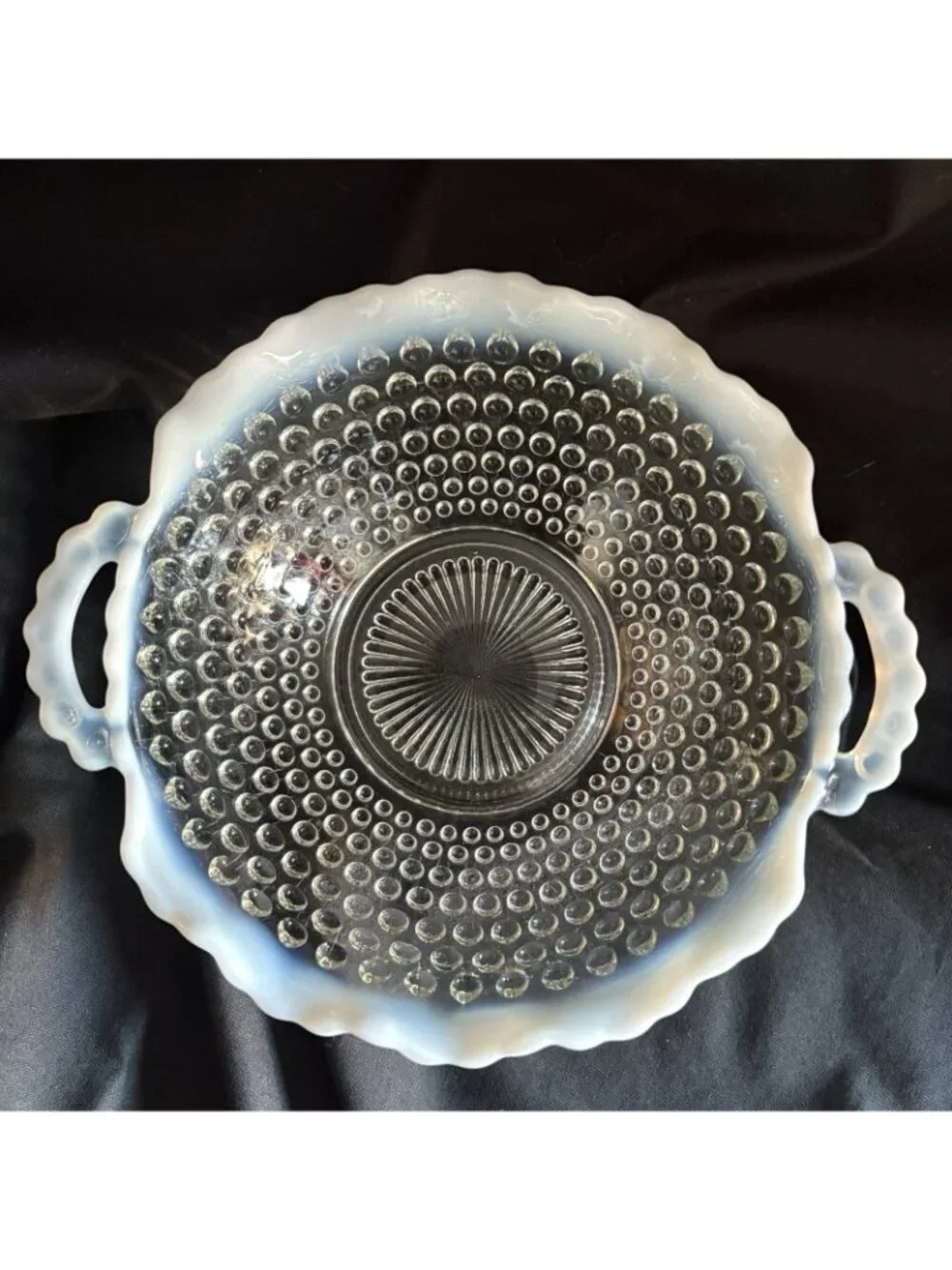 FENTON Vintage Opalescent Moonstone Bowl with Handles Ruffled Hobnail 7 in